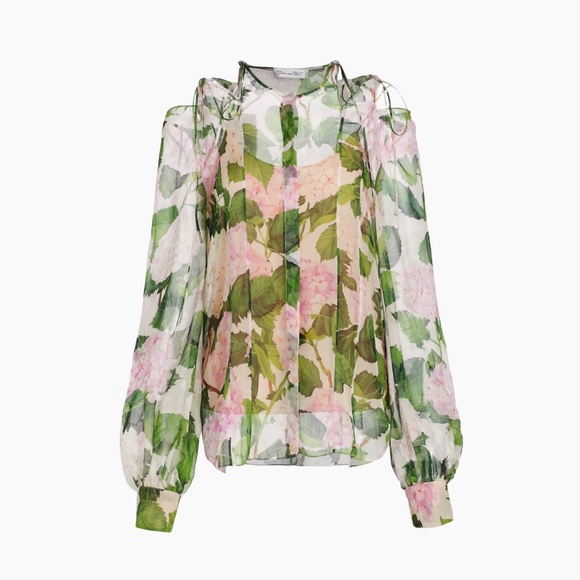 OSCAR DE LA RENTA Bow-Detailed Floral Print Silk-Chiffon Blouse Sz12 - Picture 7 of 15
